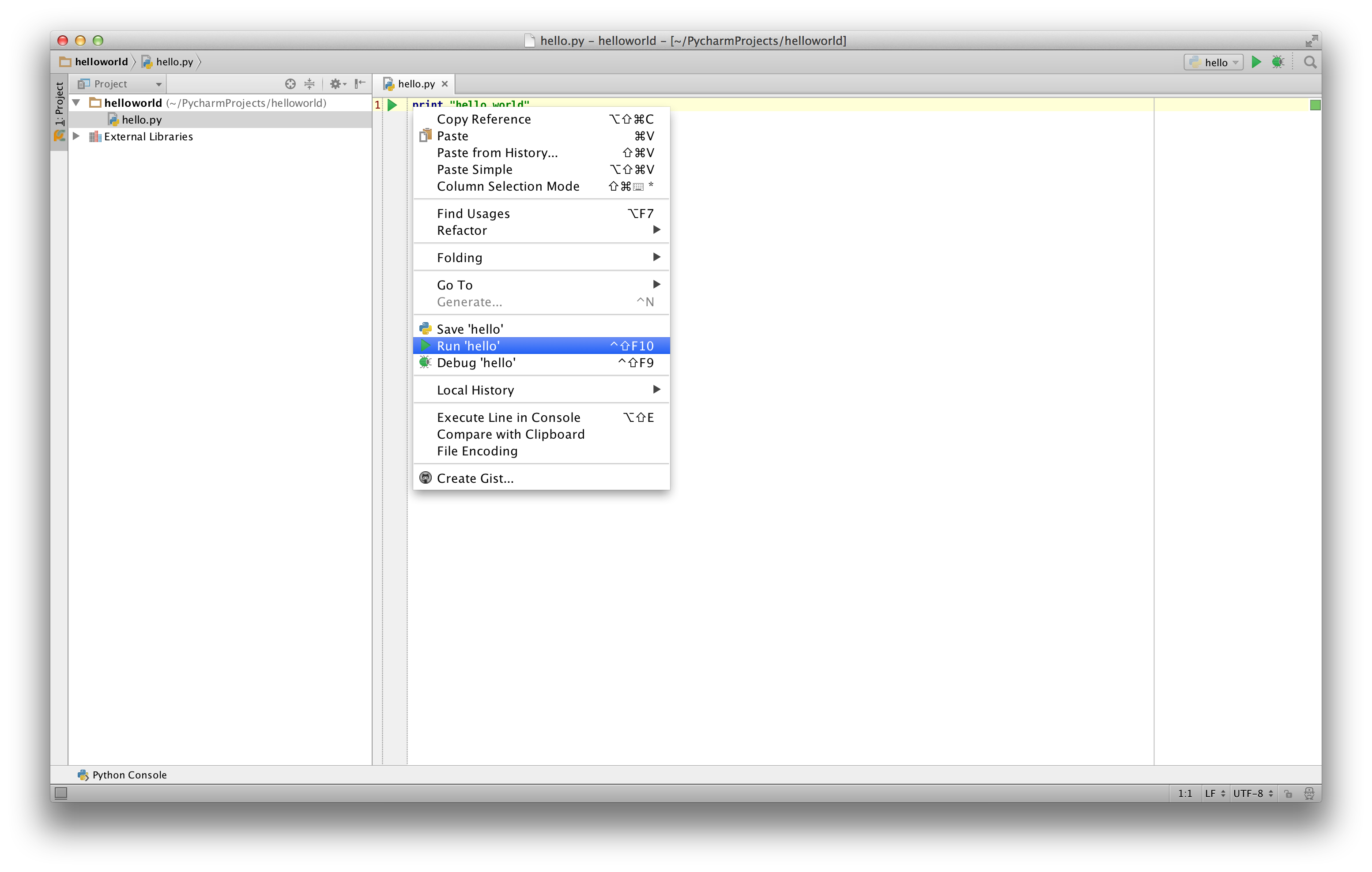 PyCharm 运行 'hello'